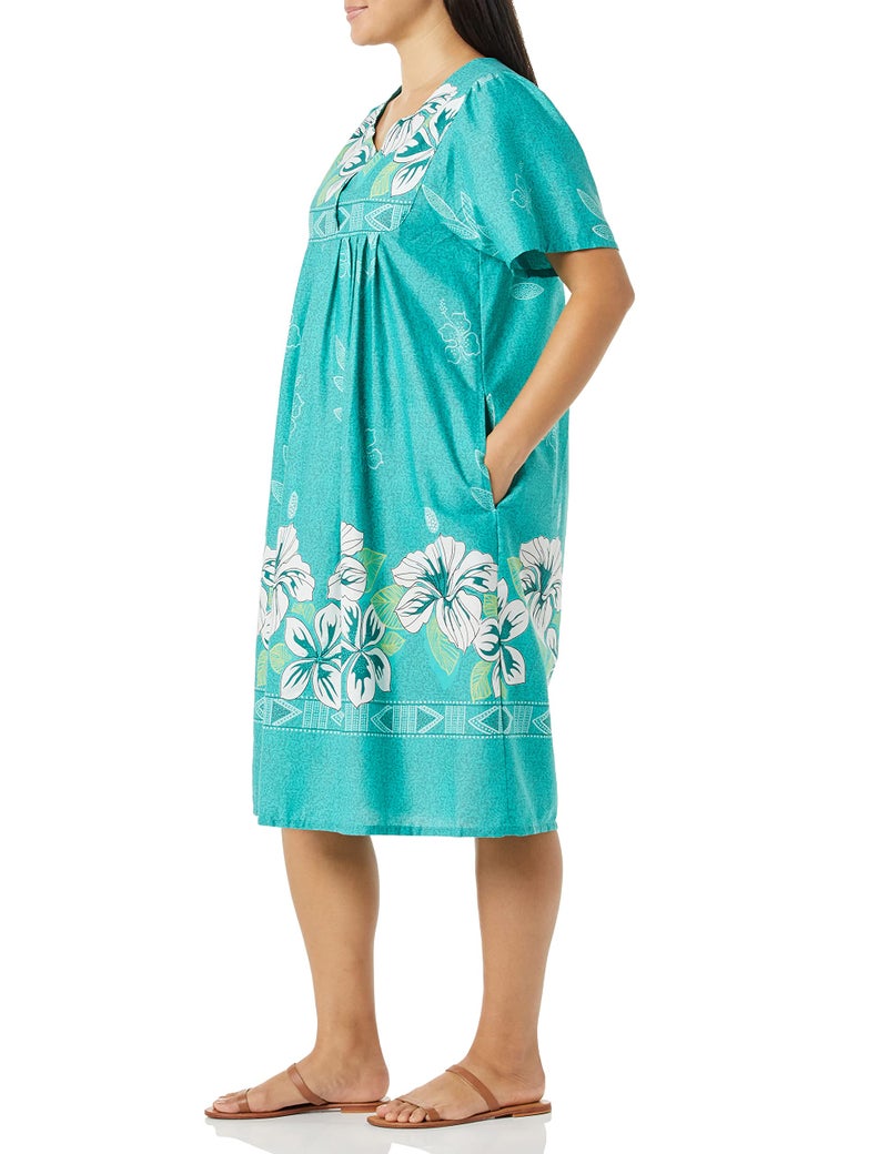 AmeriMark Womens Muumuu House Patio Dress â€“ Ladies Flowy Short Sleeve Sun Dress Lounger Gown Sleepwear - Jade - 1X - Image 2